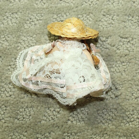 Vintage Ceramic 2.5" Doll in Lace Dress & Straw Hat - Picture 2 of 6